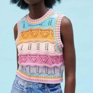Zara Multicolor Pastel Stripe Crochet Open Knit Cropped Sleeveless Top Small